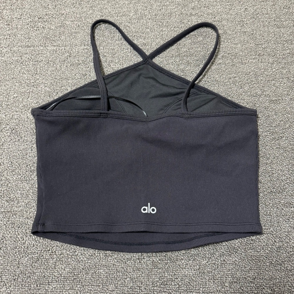 Alo Yoga Black Ribbed High Neck Crossback Tank Top with Built-in Bra Medium